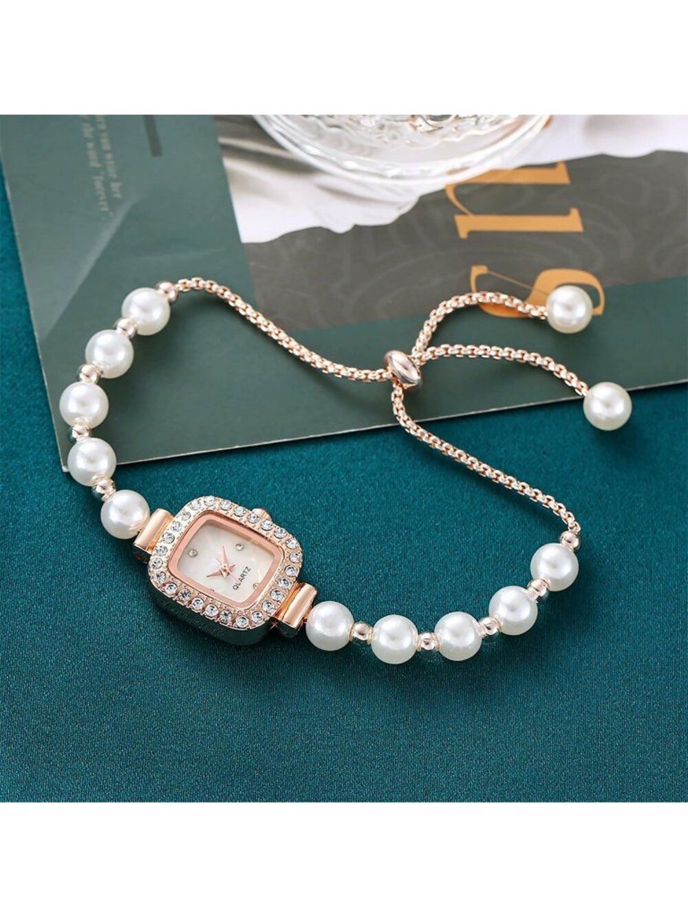 Women's Gold Simple Floral Bracelet Watch Diamond Quartz Light Fashion Watch - Picture 4 of 6